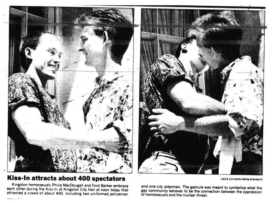 A black-and-white scan of a Kingston Whig-Standard news clipping. Two photos depict a young gay couple smiling at each other and then kissing.