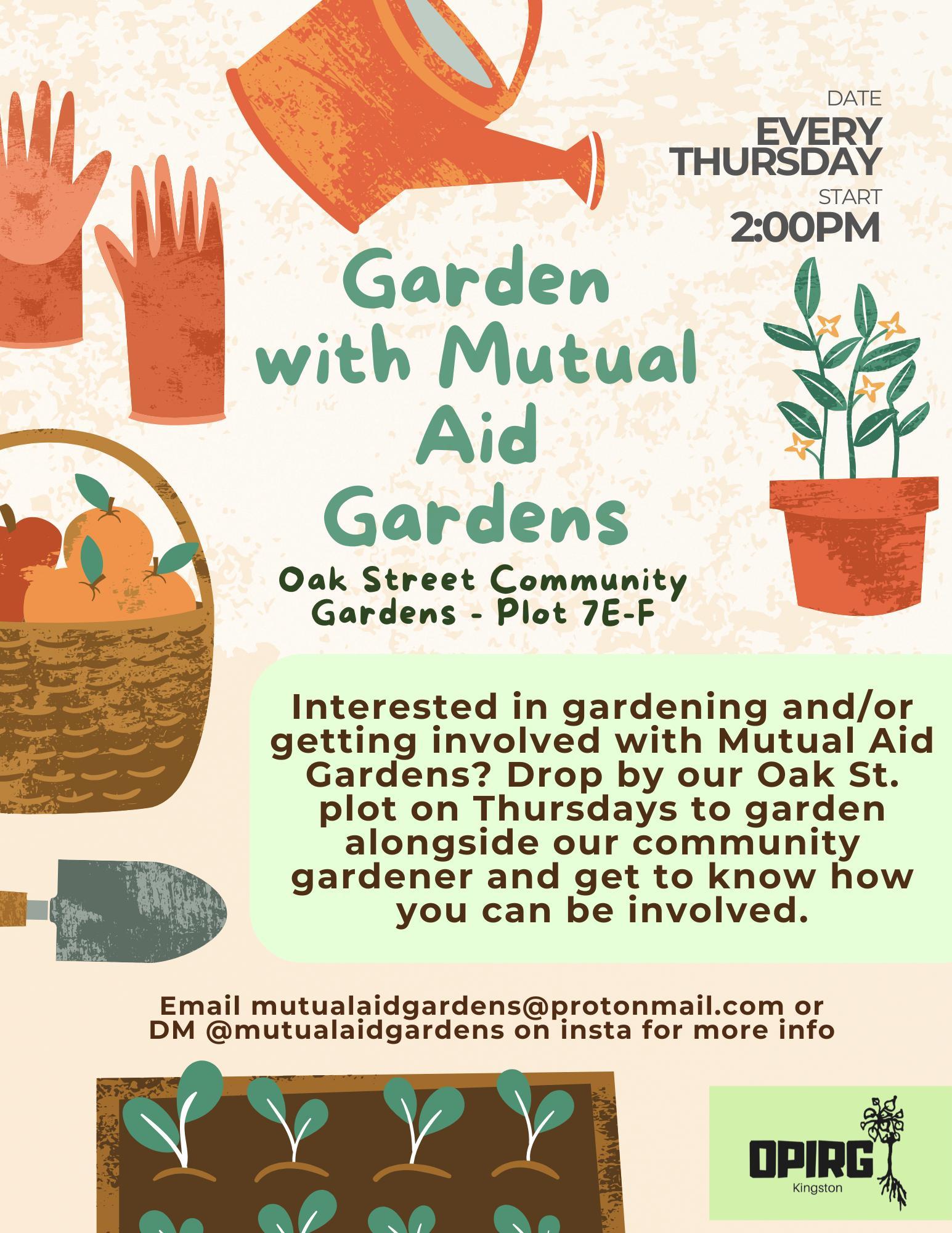 A flyer with a light orange background and decorated with various gardening tools like gloves, a shovel, a garden plot, and a potted plant. The writing repeats the event description.